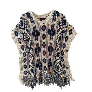 Women's Poncho knit Sweater Aztec Multicolor Metallic Patches Button Side Sz 10